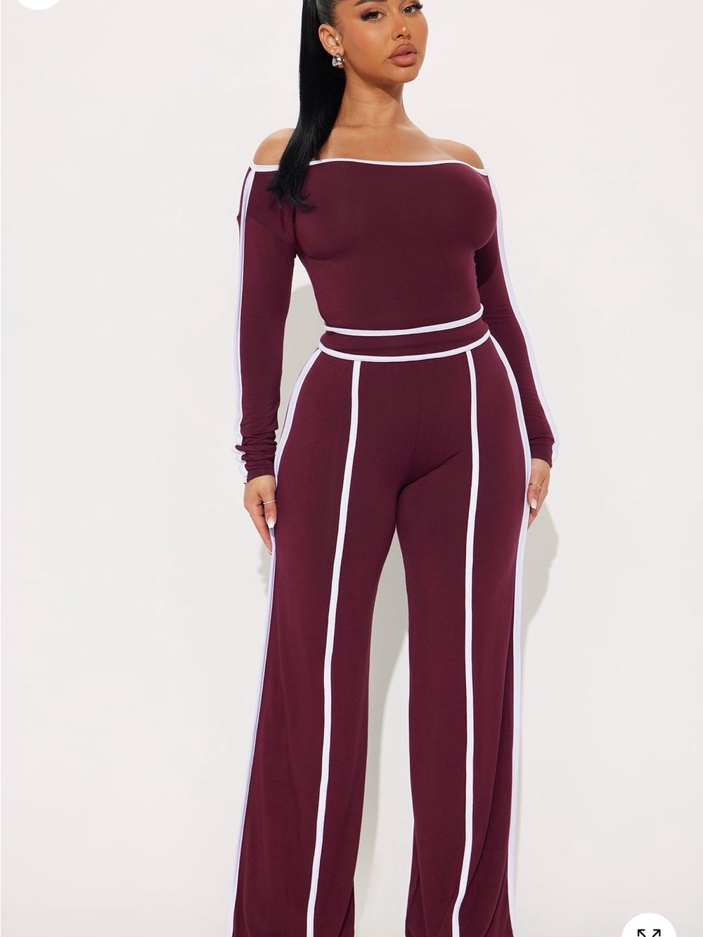 Fashion Nova Off-Shoulder Wine Jumpsuit with White Piping